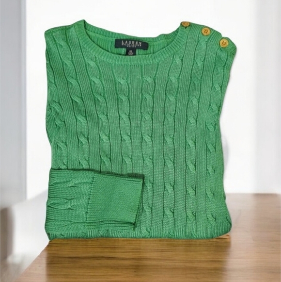 Lauren Ralph Lauren Sweaters - NWOT L-RL Petite Green Women's Cable Knit Sweater With Gold Button Detail-PS